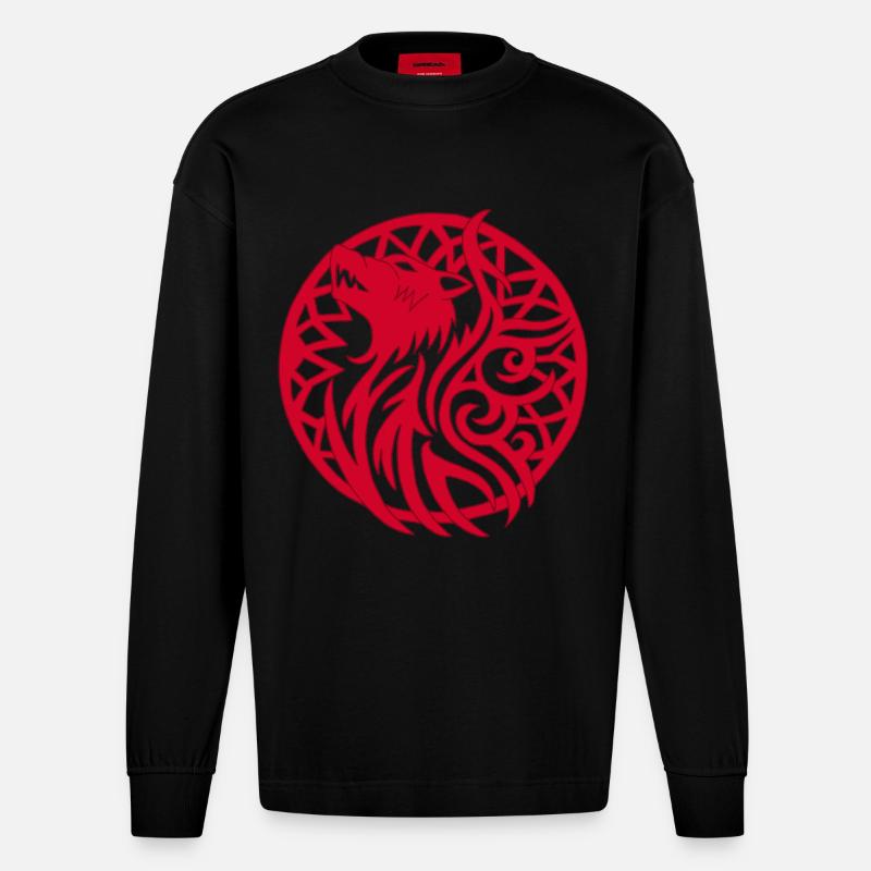 Roter Wolf und Glücksbringer - Heavyweight Oversized Organic Langarmshirt Made in EU - SOLID BLACK