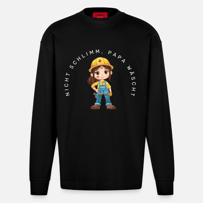 Nicht schlimm, Papa wäscht (Bauarbeiterin) - Heavyweight Oversized Organic Langarmshirt Made in EU - SOLID BLACK