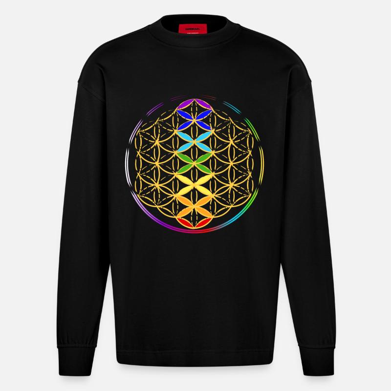 Fleur de Vie avec les Chakras - Manches longues bio épais oversize fabriqué en UE - SOLID BLACK