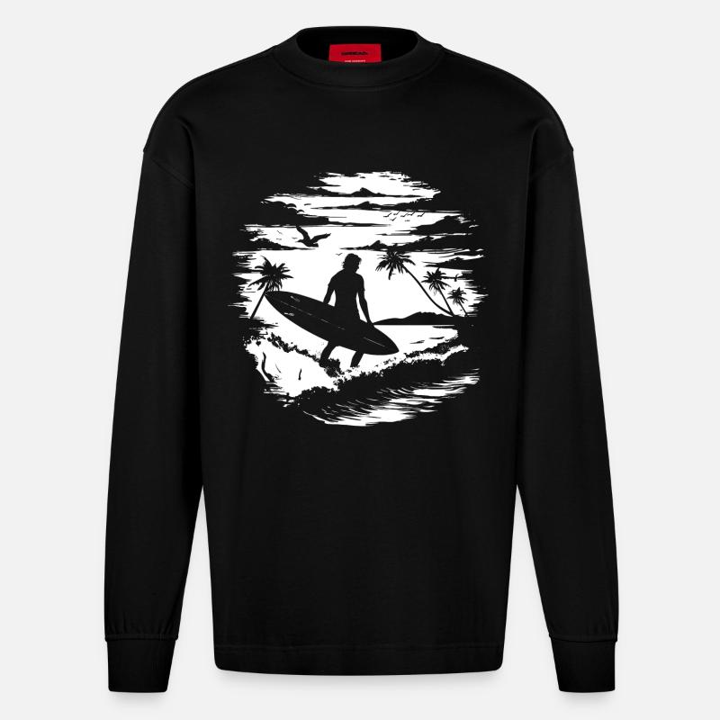 Surfer Zeichnung - Heavyweight Oversized Organic Langarmshirt Made in EU - SOLID BLACK