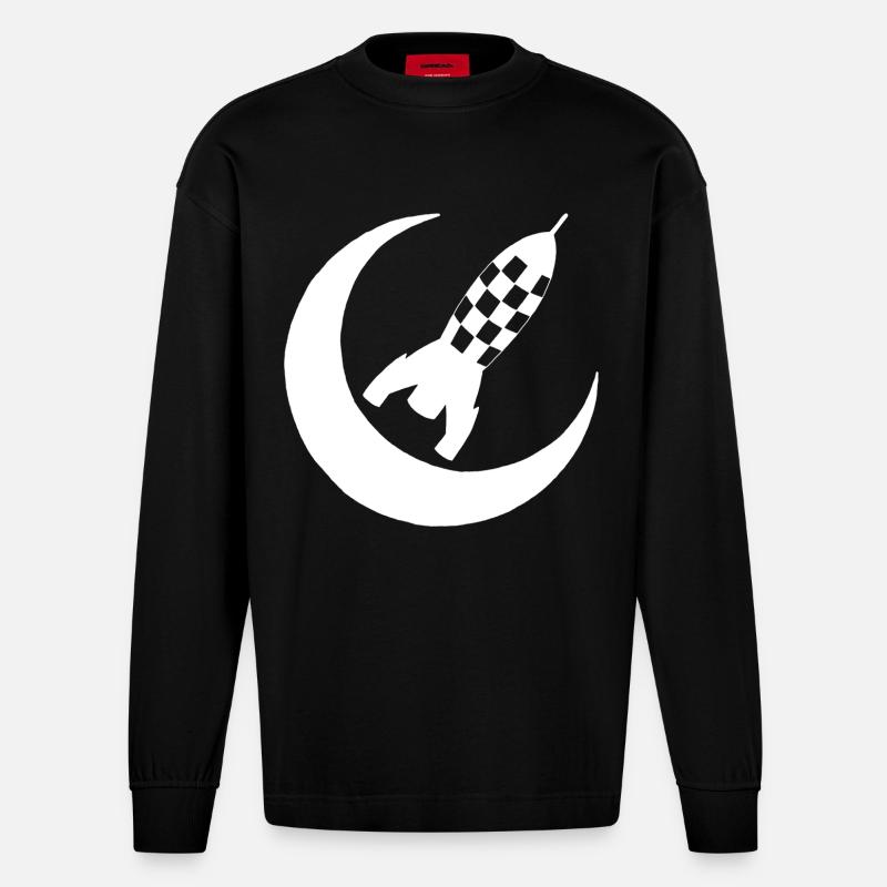 White rocket and half moon - Heavyweight Oversized Organic Longsleeve Shirt Made in EU - SOLID BLACK