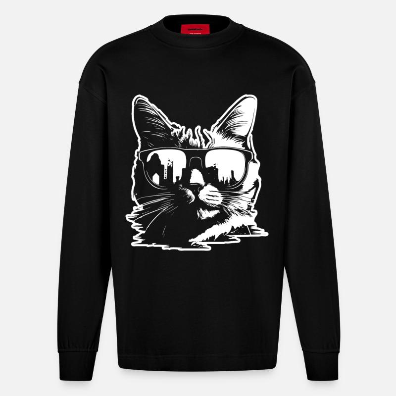 Sonnenbrille Katze Illustration - Heavyweight Oversized Organic Langarmshirt Made in EU - SOLID BLACK