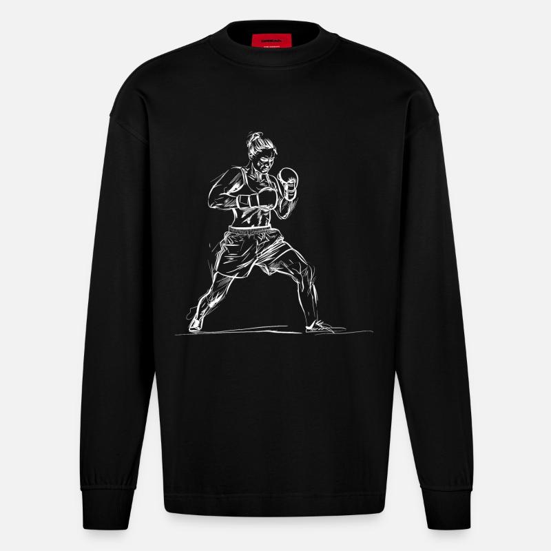 Weiblicher Boxer Skizze - Heavyweight Oversized Organic Langarmshirt Made in EU - SOLID BLACK