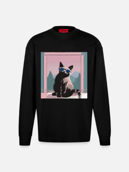 Cat in retro summer look - Heavyweight Oversized Organic Longsleeve Shirt Made in EU - SOLID BLACK