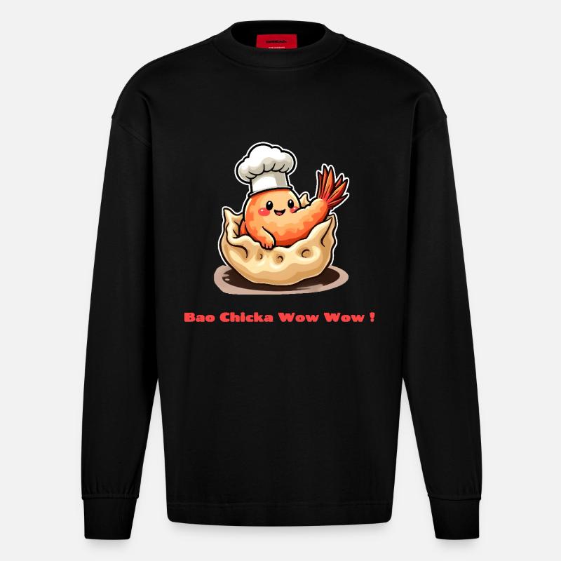 Shrimp Dumpling – Bao Chicka Wow Wow! - Heavyweight Oversized Organic Longsleeve Shirt Made in EU - SOLID BLACK