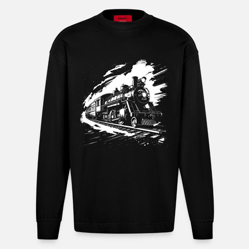 Eisenbahn Zeichnung - Heavyweight Oversized Organic Langarmshirt Made in EU - SOLID BLACK