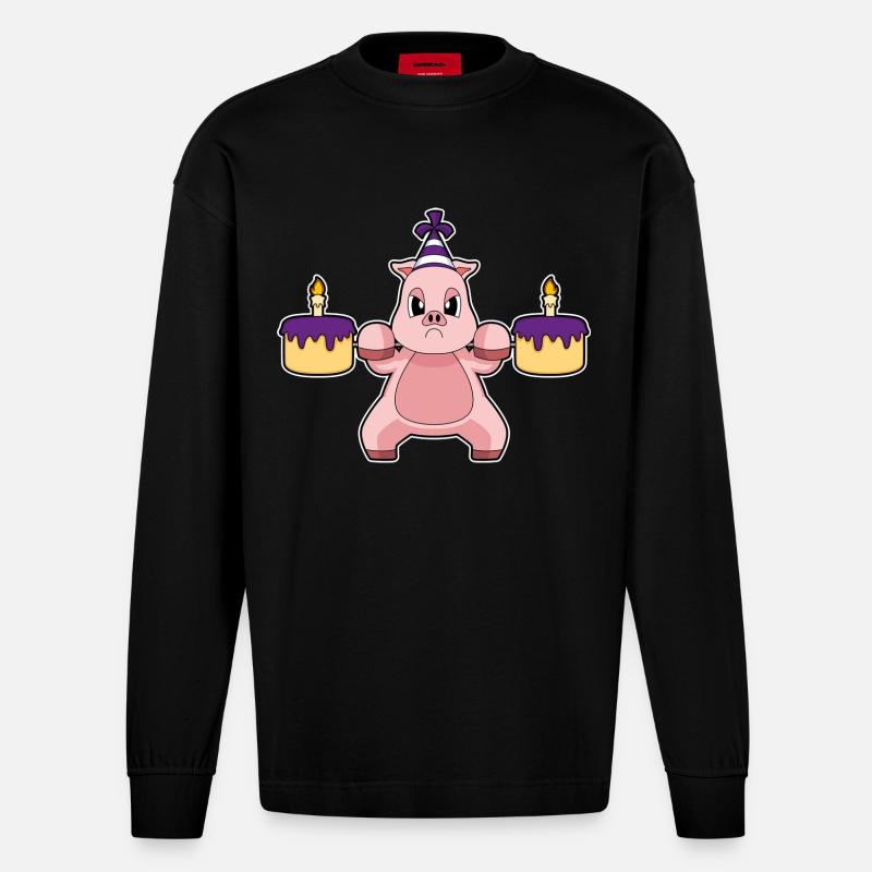 Cochon Anniversaire Musculation - Manches longues bio épais oversize fabriqué en UE - SOLID BLACK