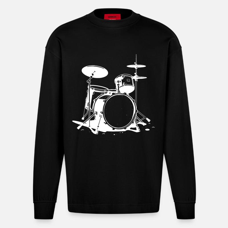 Drumset Zeichnung - Heavyweight Oversized Organic Langarmshirt Made in EU - SOLID BLACK