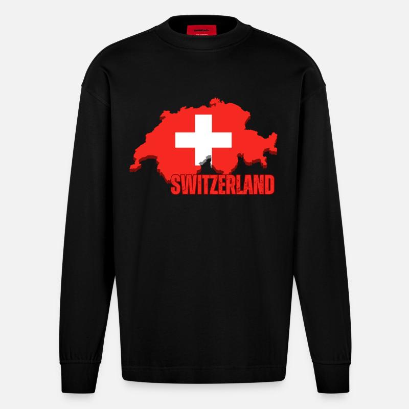 Schweizer Stolz, Flagge der Schweiz - Heavyweight Oversized Organic Langarmshirt Made in EU - SOLID BLACK