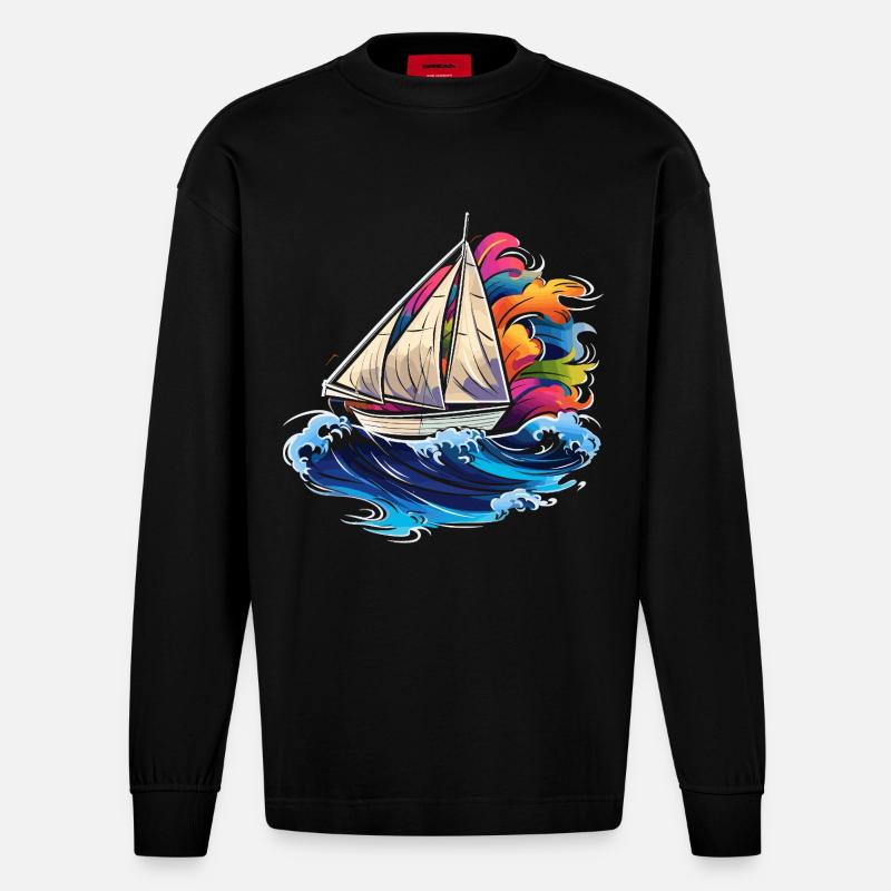 Segeln Synthwave - Heavyweight Oversized Organic Langarmshirt Made in EU - SOLID BLACK