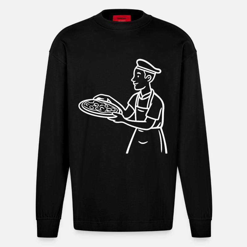 Pizzabäcker Zeichnung - Heavyweight Oversized Organic Langarmshirt Made in EU - SOLID BLACK