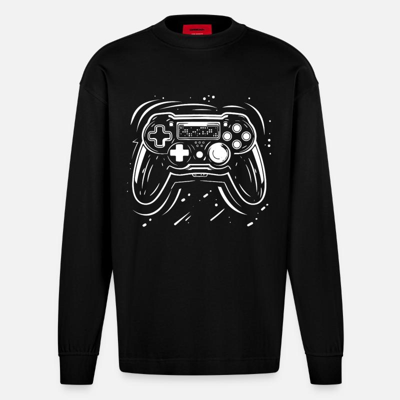 Dessin de manette de jeu - Manches longues bio épais oversize fabriqué en UE - SOLID BLACK