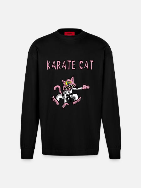Karaté et chat rose - Manches longues bio épais oversize fabriqué en UE - SOLID BLACK