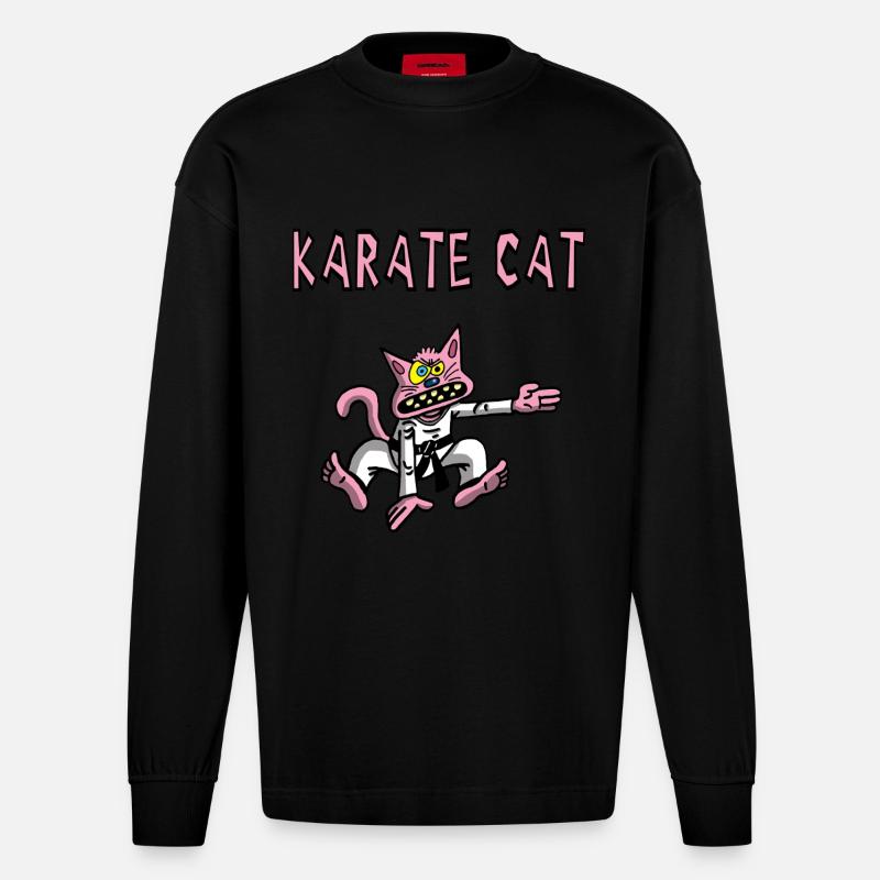 Karate und rosa Katze - Heavyweight Oversized Organic Langarmshirt Made in EU - SOLID BLACK