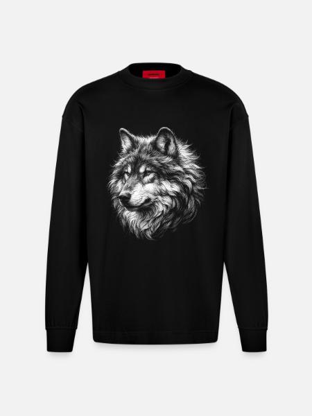 Mystisk ulv portræt motiv - Heavyweight oversized organic langærmet T-shirt made in EU - SOLID BLACK