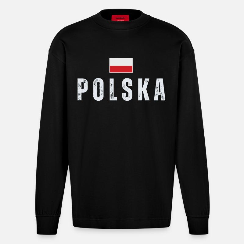 Polnische Flagge, Polnischer Stolz - Heavyweight Oversized Organic Langarmshirt Made in EU - SOLID BLACK