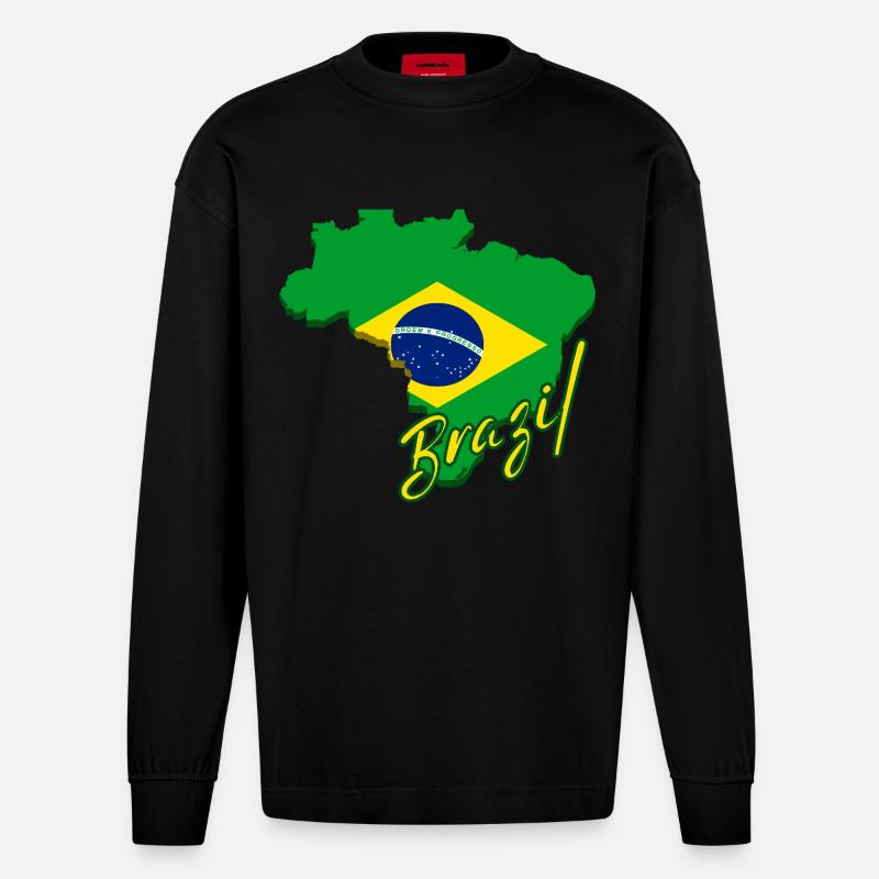 Carte du Brésil, drapeau du Brésil - Manches longues bio épais oversize fabriqué en UE - SOLID BLACK
