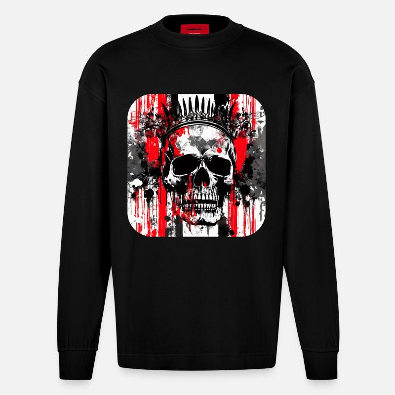 Crown Head Graffiti Skull - Heavyweight Oversized Organic Longsleeve Shirt Made in EU - SOLID BLACK