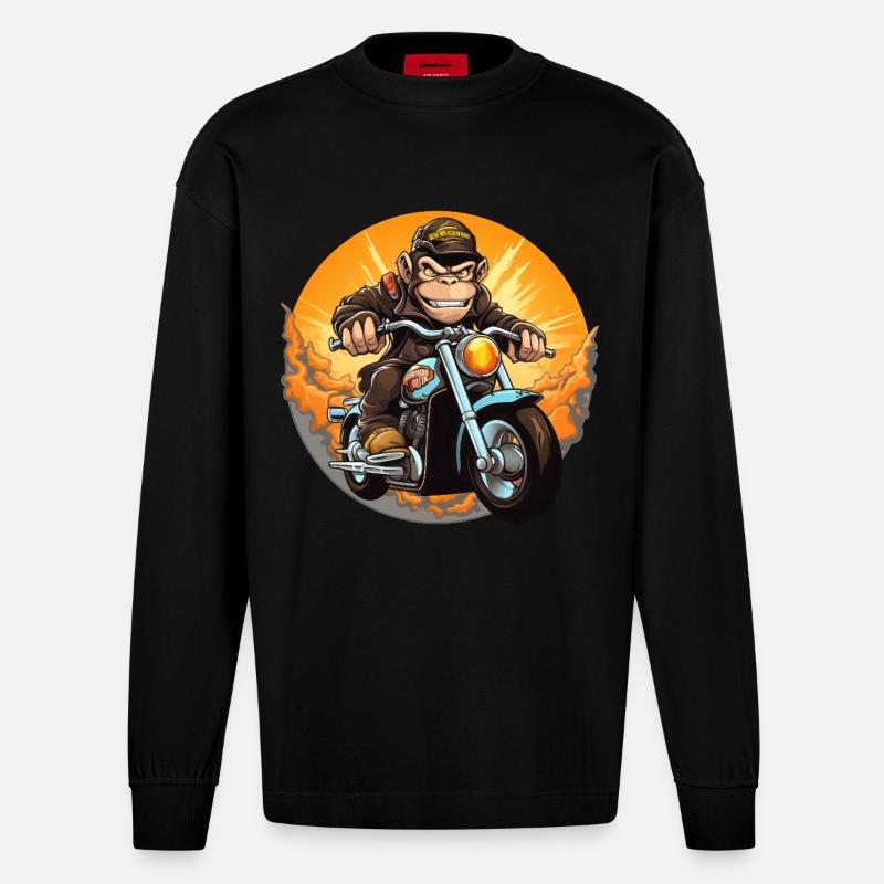 Affe Motorrad / Motorradfahrer Affen - Heavyweight Oversized Organic Langarmshirt Made in EU - SOLID BLACK