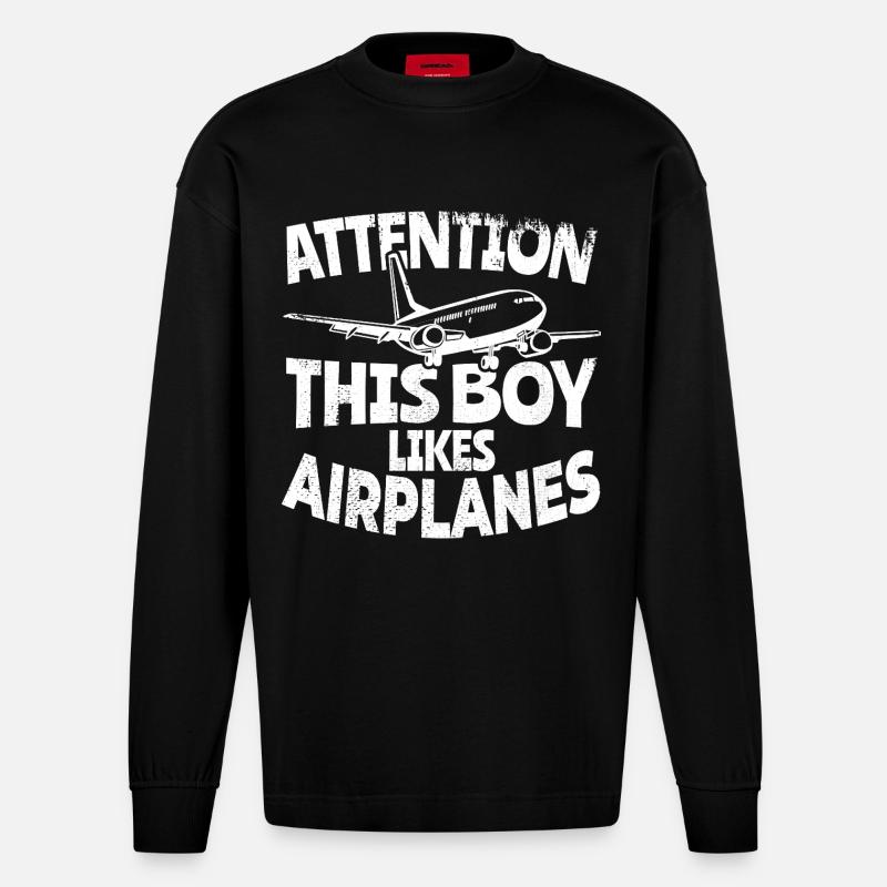 Flugzeugliebhaber Junge - Heavyweight Oversized Organic Langarmshirt Made in EU - SOLID BLACK
