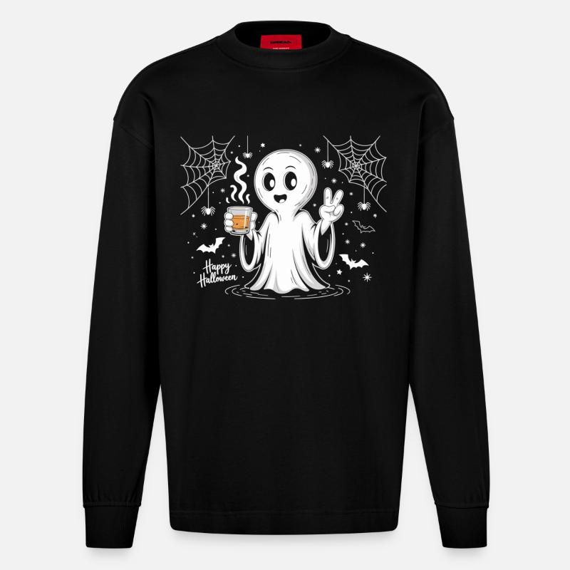 Schauriger Geist mit Halloween-Logo - Heavyweight Oversized Organic Langarmshirt Made in EU - SOLID BLACK
