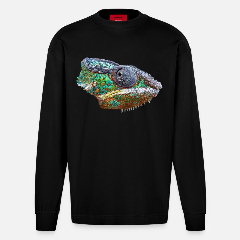 Bunte Chamäleon Illustration - Heavyweight Oversized Organic Langarmshirt Made in EU - SOLID BLACK