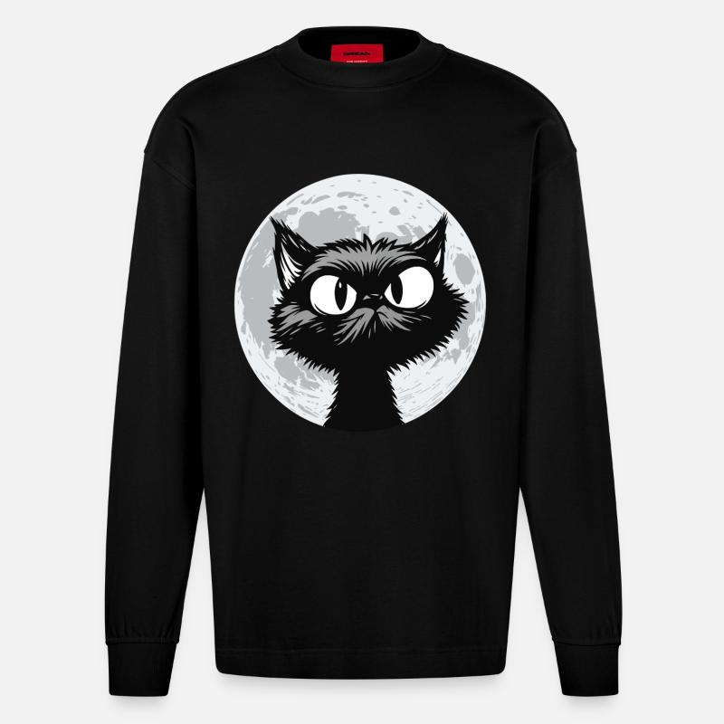 Mondkatze Mitternacht - Heavyweight Oversized Organic Langarmshirt Made in EU - SOLID BLACK