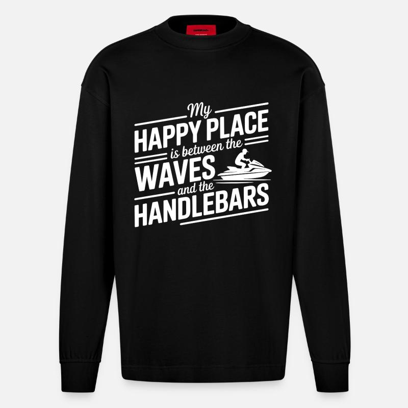 Between Waves & Handlebars Jetski Quote  - Heavyweight Oversized Organic Longsleeve Shirt Made in EU - SOLID BLACK
