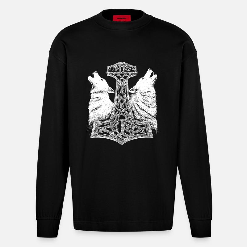 Nordisch Wolf Thor Hammer Wikinger  - Heavyweight Oversized Organic Langarmshirt Made in EU - SOLID BLACK
