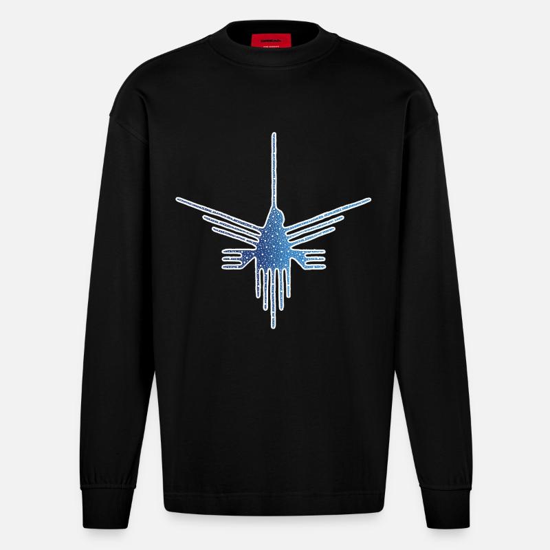 Nazca-Vogel auf Sternenhintergrund - Heavyweight Oversized Organic Langarmshirt Made in EU - SOLID BLACK