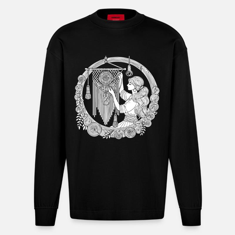 Macrame Design – Creativity & Boho Style - Heavyweight Oversized Organic Longsleeve Shirt Made in EU - SOLID BLACK