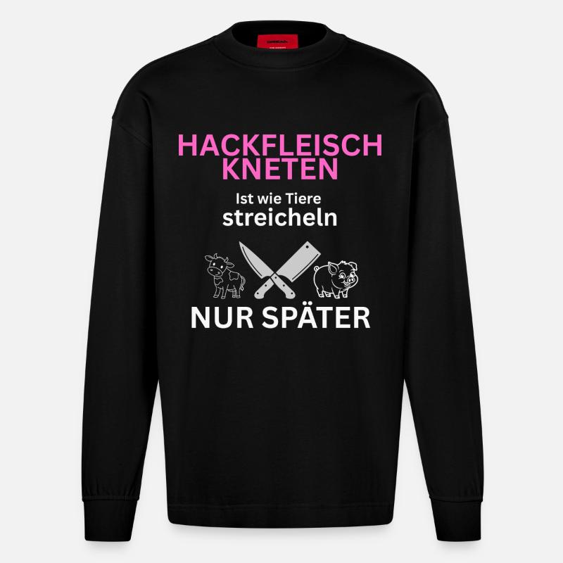 Fleisch Esser - Tiere streicheln-nur Später - Heavyweight Oversized Organic Langarmshirt Made in EU - SOLID BLACK