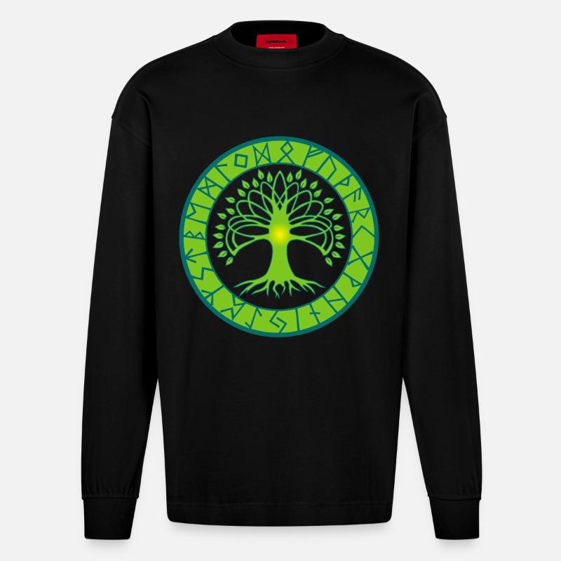 Runenbaum des Lebens - Heavyweight Oversized Organic Langarmshirt Made in EU - SOLID BLACK