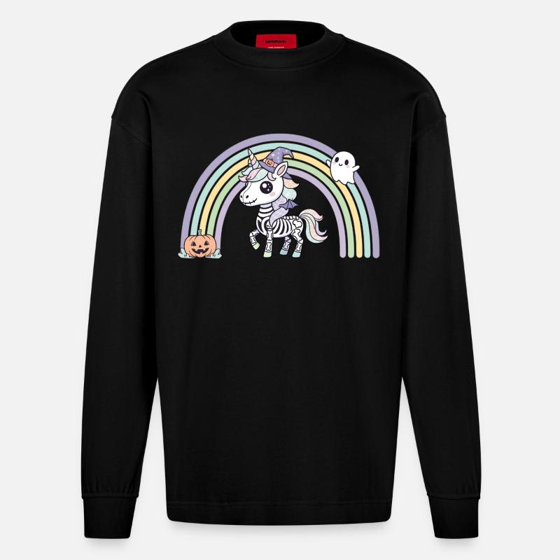 BOHO Skelett‑Einhorn mit Regenbogen – Halloween  - Heavyweight Oversized Organic Langarmshirt Made in EU - SOLID BLACK