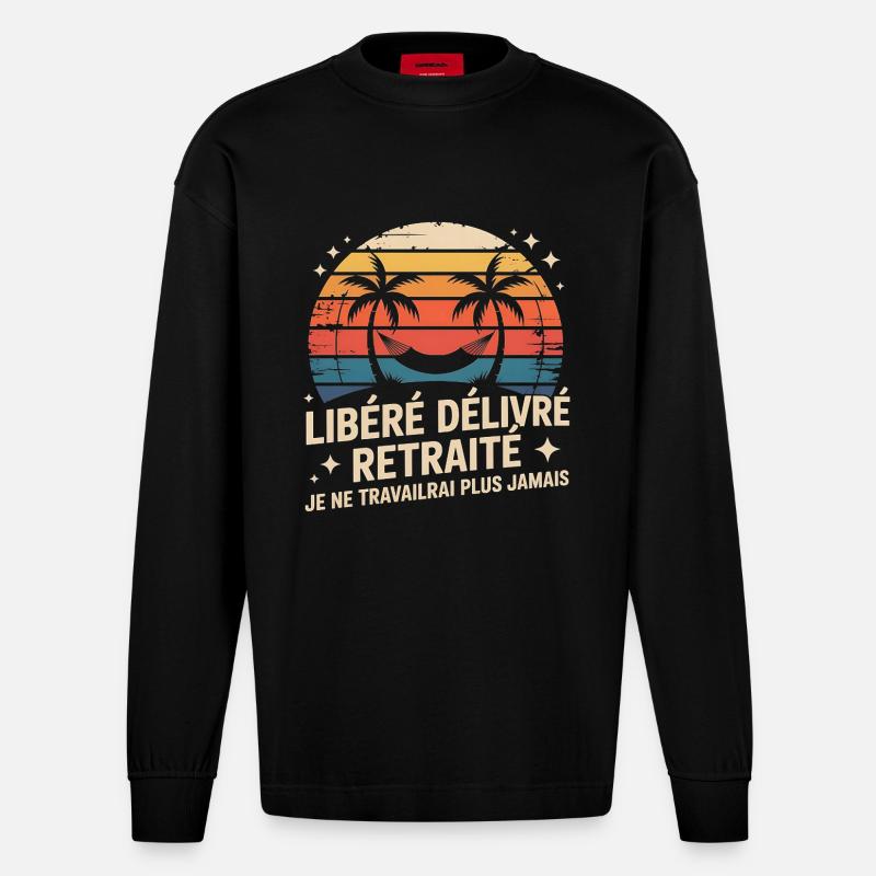 Retraité Libre Palm Sunset - Manches longues bio épais oversize fabriqué en UE - SOLID BLACK
