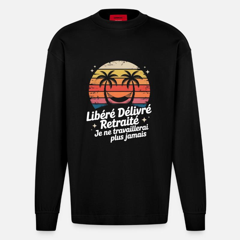 Retraité au coucher soleil palmier - Manches longues bio épais oversize fabriqué en UE - SOLID BLACK