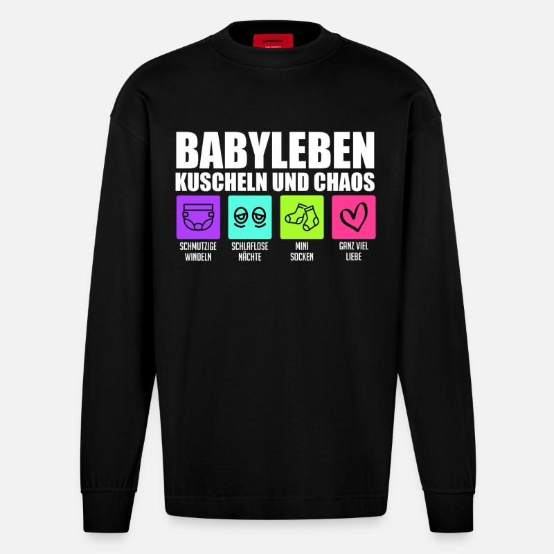Werdende Mutter BABYLEBEN KUSCHELN UND CHAOS - Heavyweight Oversized Organic Langarmshirt Made in EU - SOLID BLACK