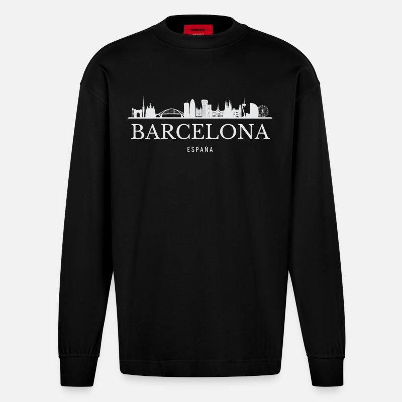 Barcelone Skyline, Barcelone, Espagne - Manches longues bio épais oversize fabriqué en UE - SOLID BLACK
