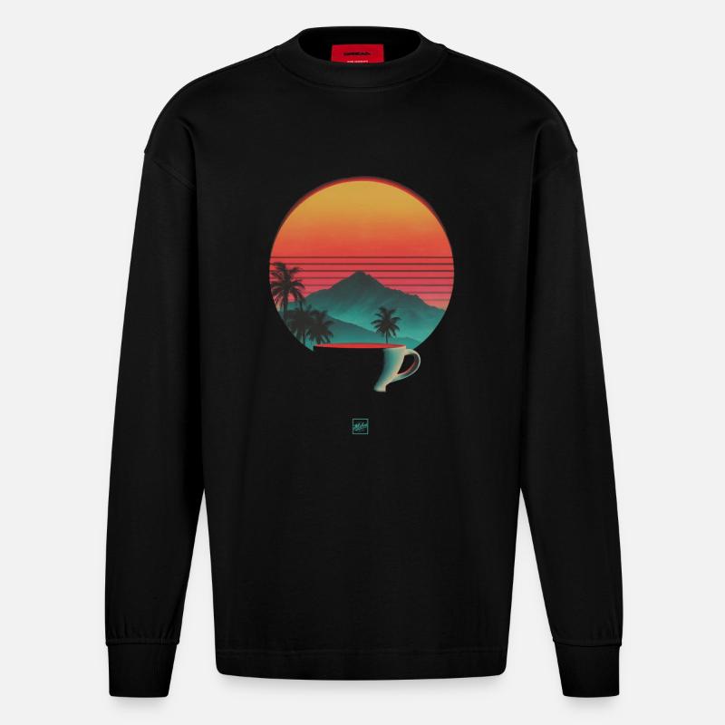 Coucher de soleil et café - Manches longues bio épais oversize fabriqué en UE - SOLID BLACK