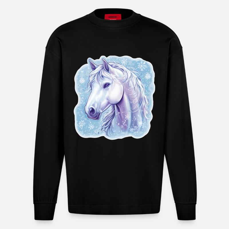 Pferd Schneeflocken  - Heavyweight Oversized Organic Langarmshirt Made in EU - SOLID BLACK