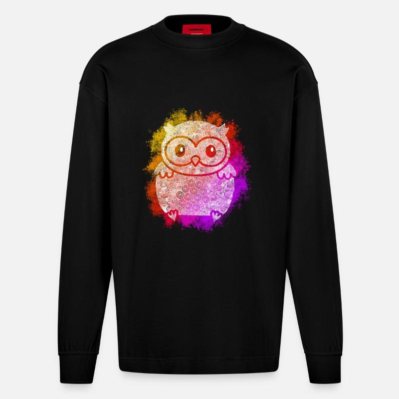 Zentangle Eule - Heavyweight Oversized Organic Langarmshirt Made in EU - SOLID BLACK