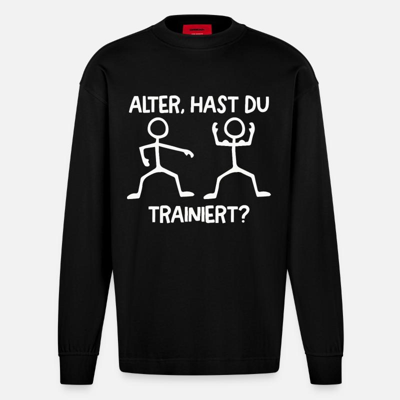 Strichmännchen HAST DU TRAINIERT Lustiges - Heavyweight Oversized Organic Langarmshirt Made in EU - SOLID BLACK