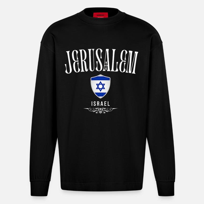 Souvenir de Jérusalem, j'aime Jérusalem - Manches longues bio épais oversize fabriqué en UE - SOLID BLACK
