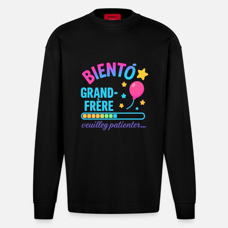Bald wartet ein großer Bruder - Heavyweight Oversized Organic Langarmshirt Made in EU - SOLID BLACK
