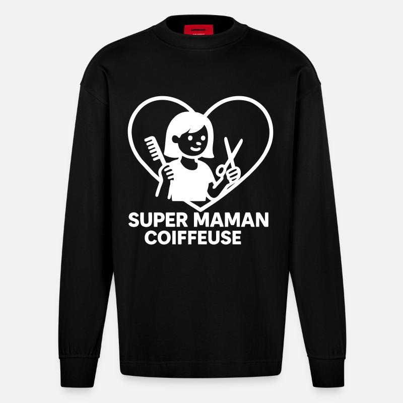 Super maman coiffeuse – Cœur coiffure - Manches longues bio épais oversize fabriqué en UE - SOLID BLACK