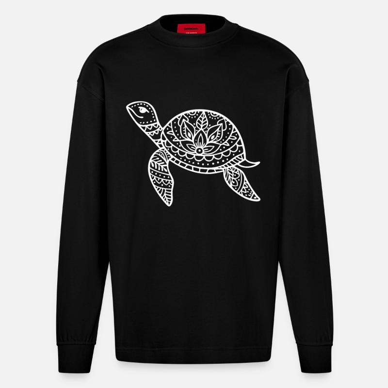 Boho Schildkröte mit Musterpanzer - Heavyweight Oversized Organic Langarmshirt Made in EU - SOLID BLACK
