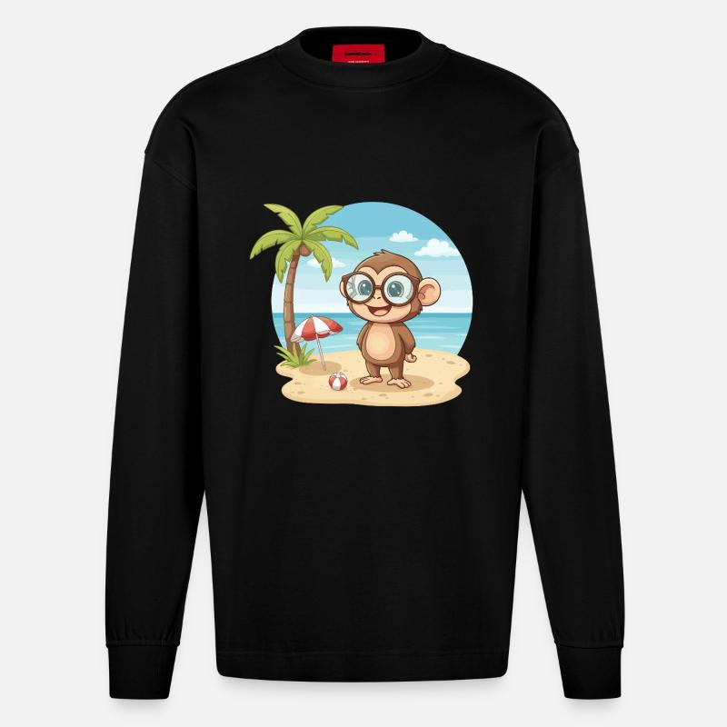 Süßer Affe mit Brille Strandsommerferien - Heavyweight Oversized Organic Langarmshirt Made in EU - SOLID BLACK