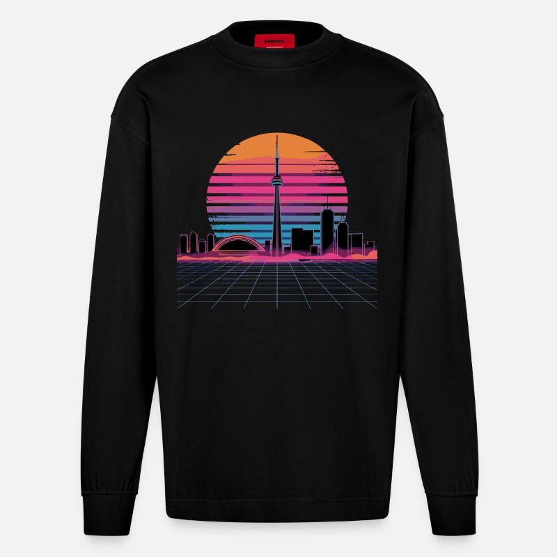 Coucher de soleil rétro Néon Skyline - Manches longues bio épais oversize fabriqué en UE - SOLID BLACK