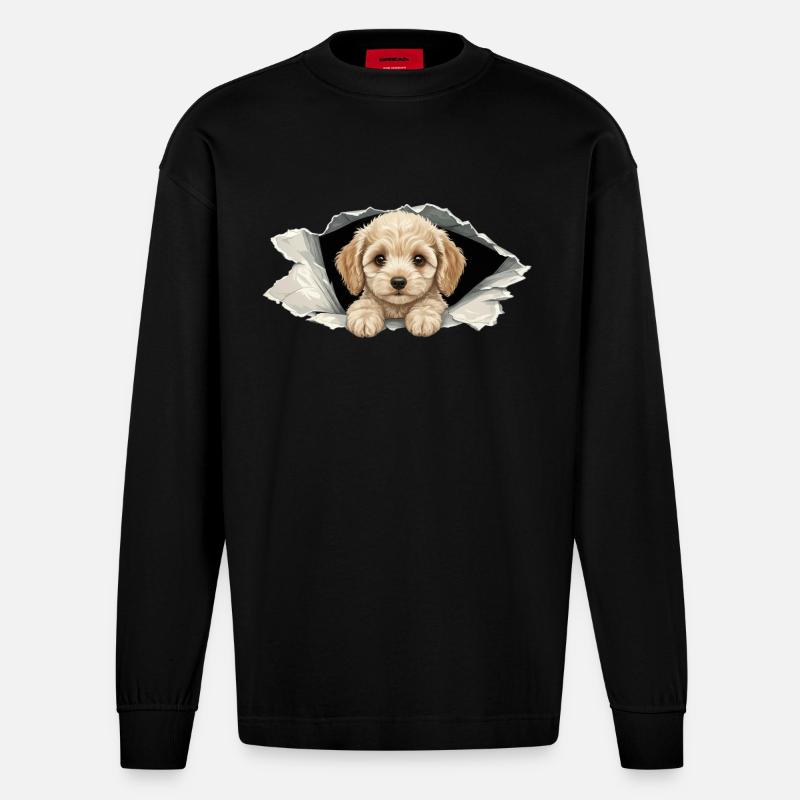 Niedlicher Cockapoo Goldendoodle Zerrissenes Papier - Heavyweight Oversized Organic Langarmshirt Made in EU - SOLID BLACK