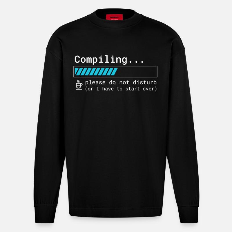 Lustiges Programmierer T-Shirt - Compiling Please  - Heavyweight Oversized Organic Langarmshirt Made in EU - SOLID BLACK